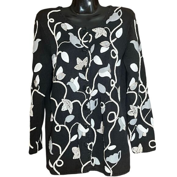 Michael Simon Black White & Gray Embroidered & Felt Floral Detail Sweater - Picture 1 of 5